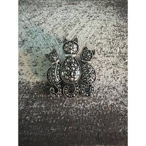 Darling Pewter and Marcasite Kitty Cat Trio Brooch Pin Kitten Vintage Hair Pin